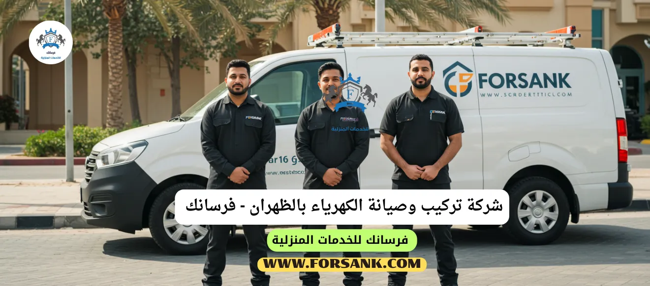 شعار شركة فرسانك مع صورة خلفية لفريق عمل كهربائي محترف في الظهران
